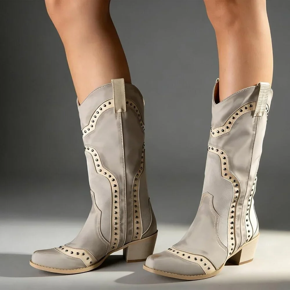 Unisex White Cowboot Pointed Toe Pull On Mid Calf Fashion Dress Boots